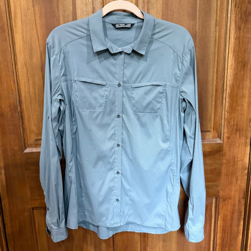 Arc'terex Women XL Fernie Long Sleeve Shirt Micro Grid Blue Grey Roll Tab Hiking